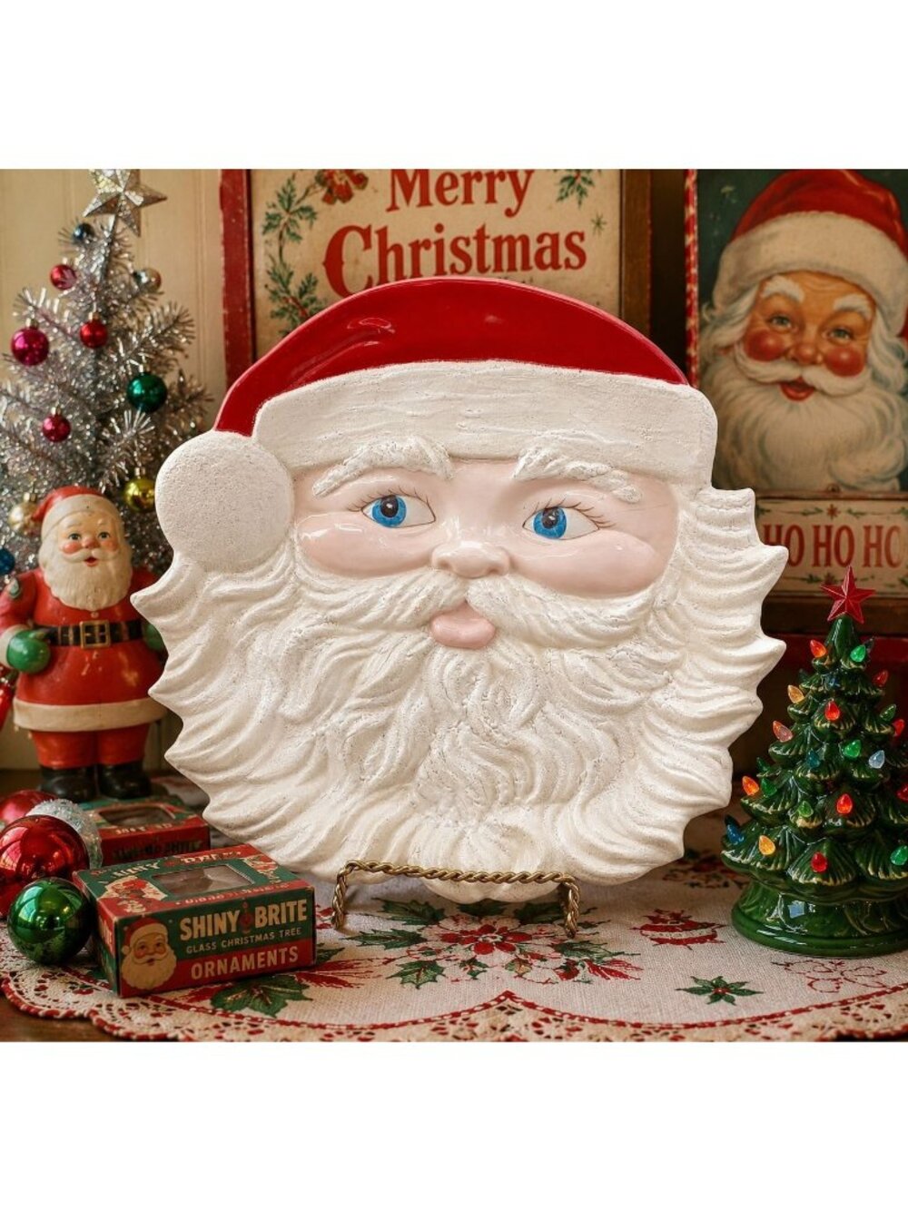 1963 Vintage Retro Ceramic Santa Claus Face Cookie Plate/Platter 14x13"